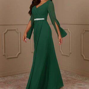 AZAZIE Women's BELINDA Dark Green A-Line V-Neck Pleated Chiffon Dress A14 NEW